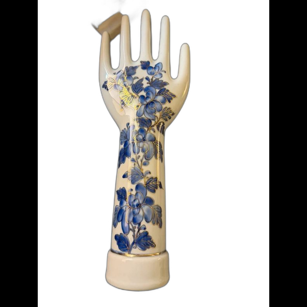 Vintage Oversized Porcelain Glove Mold Hand Display Blue Floral Gold - 16" Tall